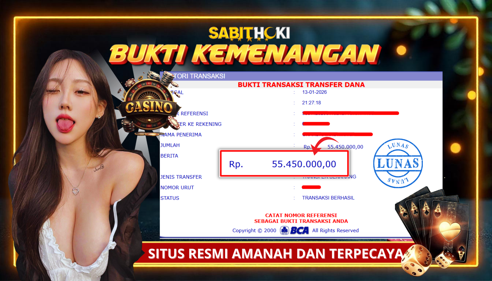 SELAMAT KEPADA MEMBER SETIA SABITHOKI BERHASIL JACKPOT DI PERMAINAN CASINO ( BACCARAT )